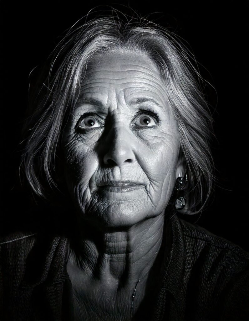 Retrato em preto e branco de mulher madura